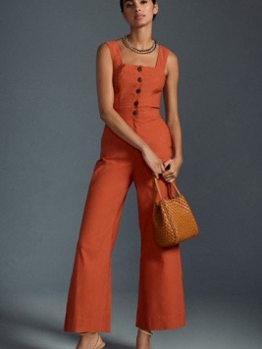 Anthropologie Rust Orange Button-Front Wide-Leg Jumpsuit